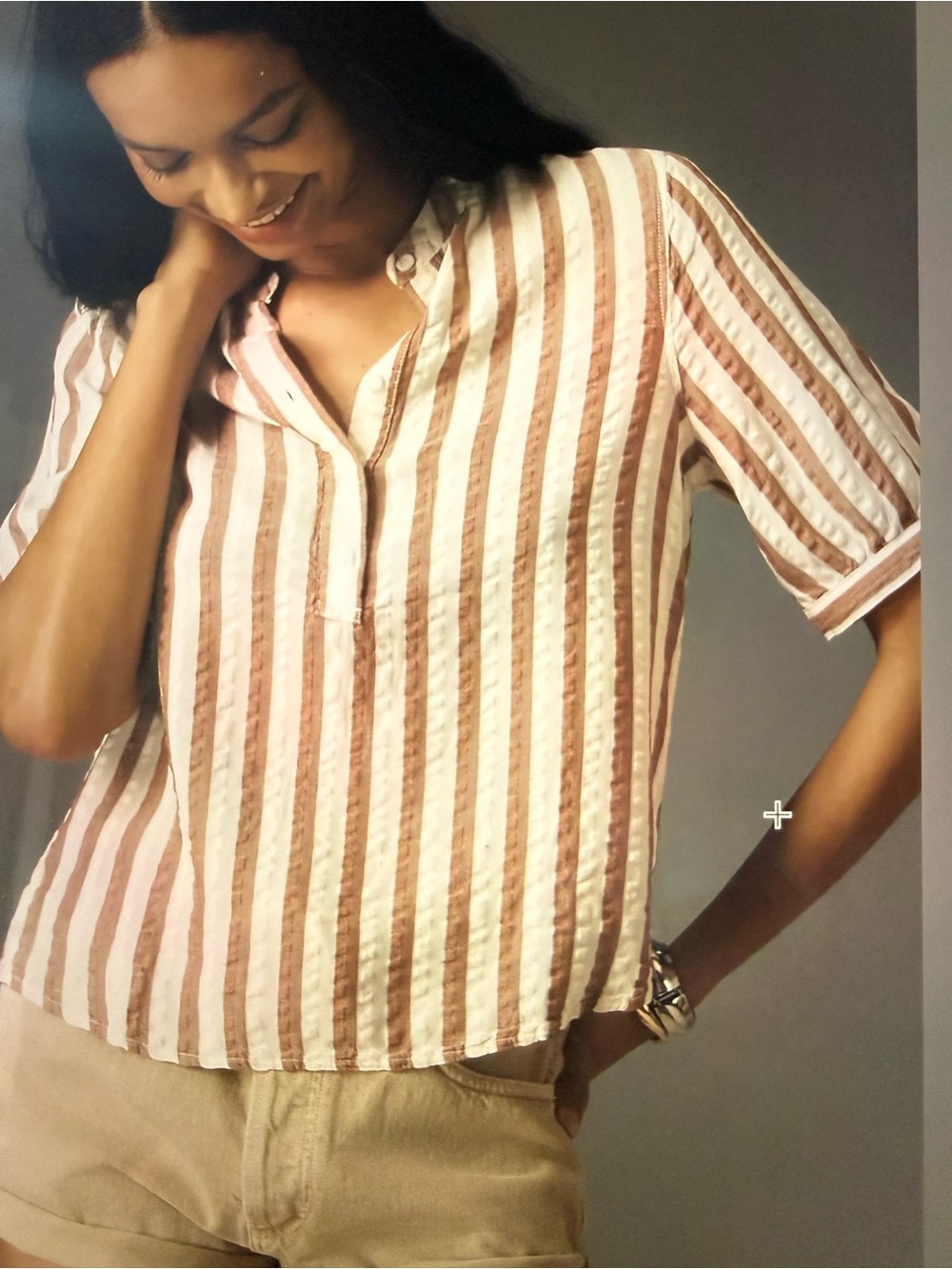cloth & stone Pink and White Vertical Stripe Short Sleeve Button-Front Top
